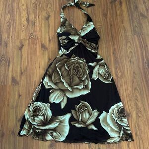 NWT Cache Y2K brown mesh floral print halter dress a line size 8